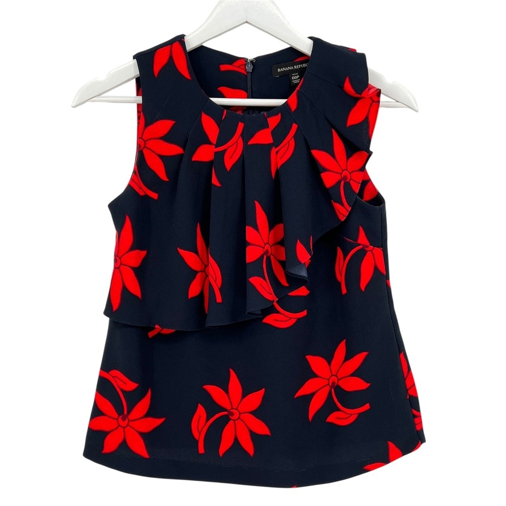 Banana Republic Blouse Womens 00P Navy Red Floral Ruffle Sleeveless Office Chic